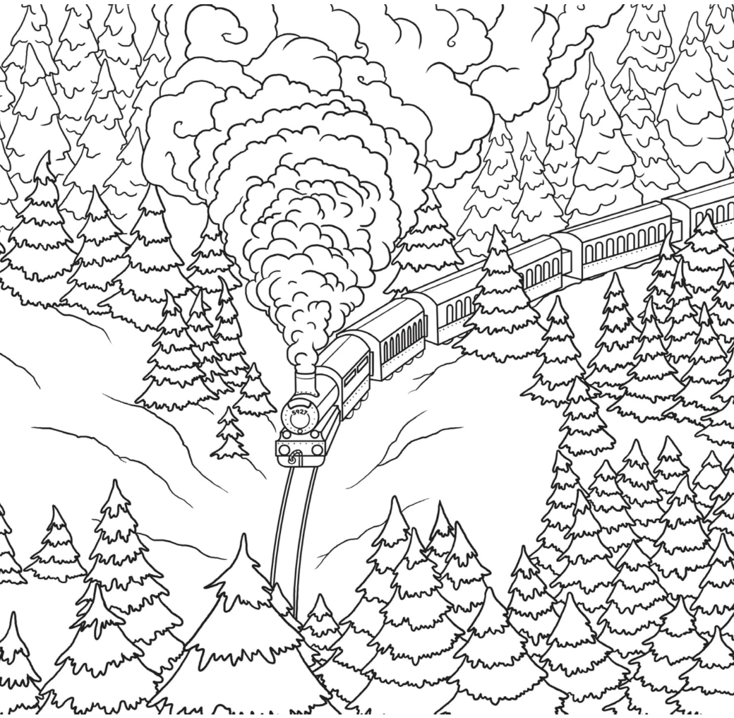 Black and white illustration of a steam train in a forest