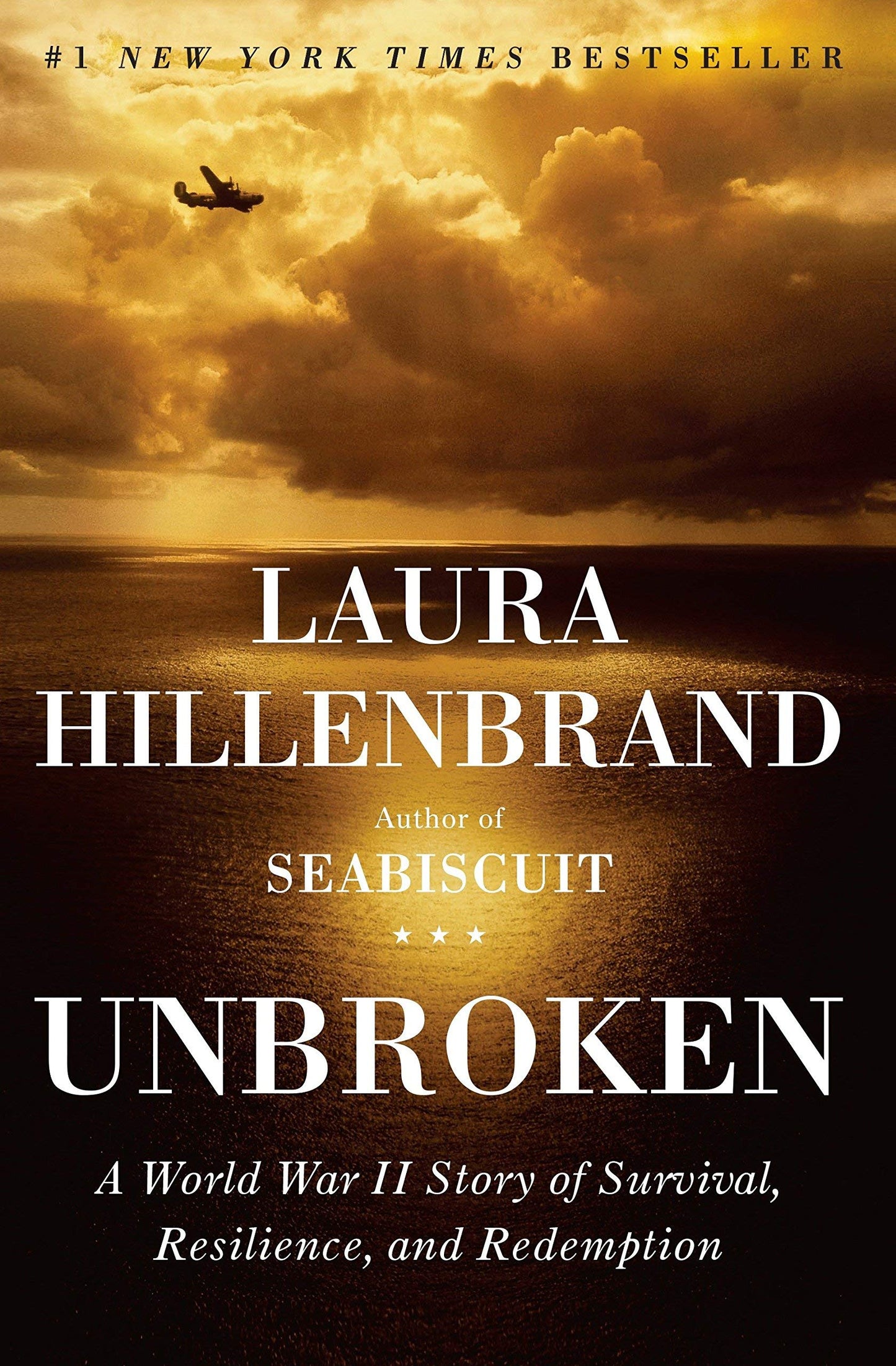 The cover of the book 'Unbroken' by Laura Hillenbrand, featuring a World War II era aircraft in flight with a clear sky background.