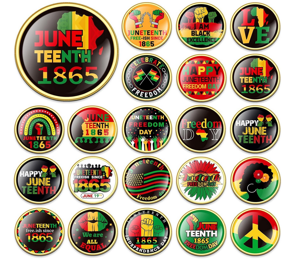 Enamel pin that reads Free-ish Since 1865 with bold Juneteenth colors and high-gloss finish