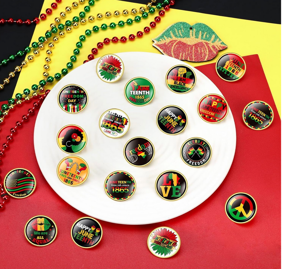 Enamel pin that reads Free-ish Since 1865 with bold Juneteenth colors and high-gloss finish