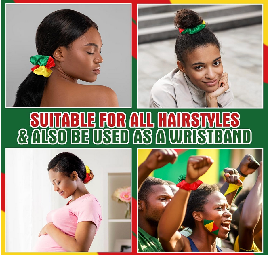 Red, yellow, and green satin hair scrunchies inspired by Juneteenth and African heritage