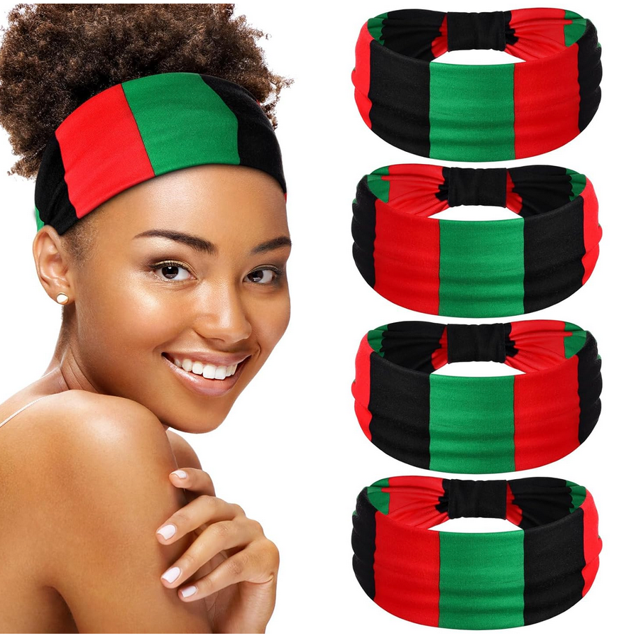 Knotted Juneteenth headband in red, black, and green with elastic back and turban-style twist