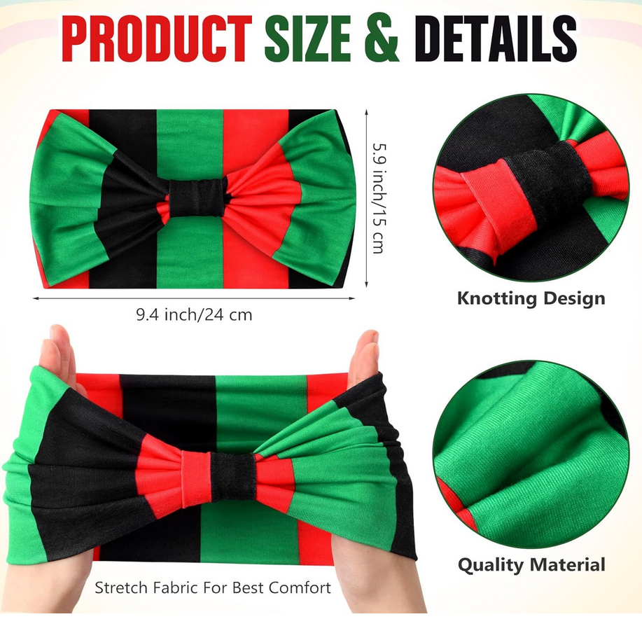 Knotted Juneteenth headband in red, black, and green with elastic back and turban-style twist