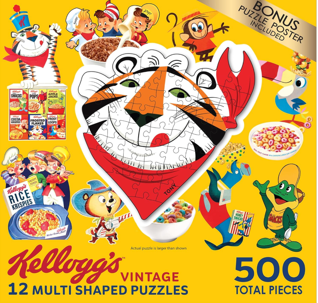 Kellogg's vintage puzzle with character illustrations and cereal boxes on a yellow background