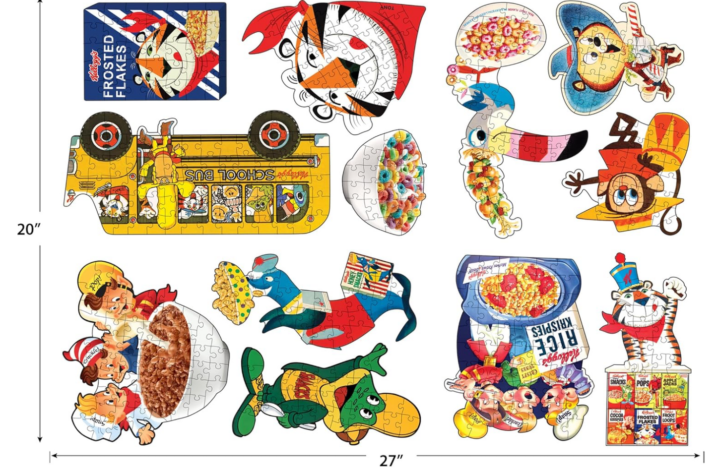 Collection of vintage-style cereal box character illustrations with measurements on a white background.