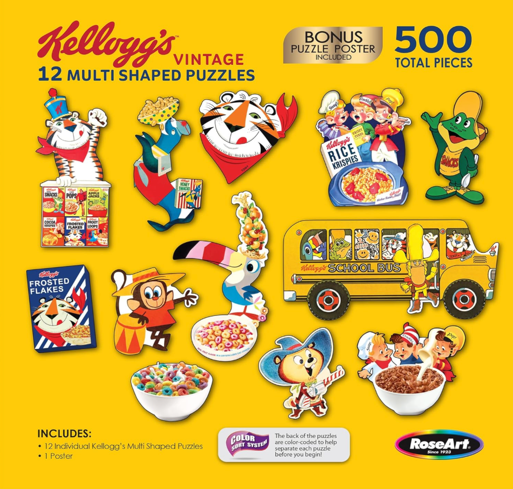 Kellogg's vintage cereal characters puzzle packaging with 12 multi-shaped puzzles on a yellow background.