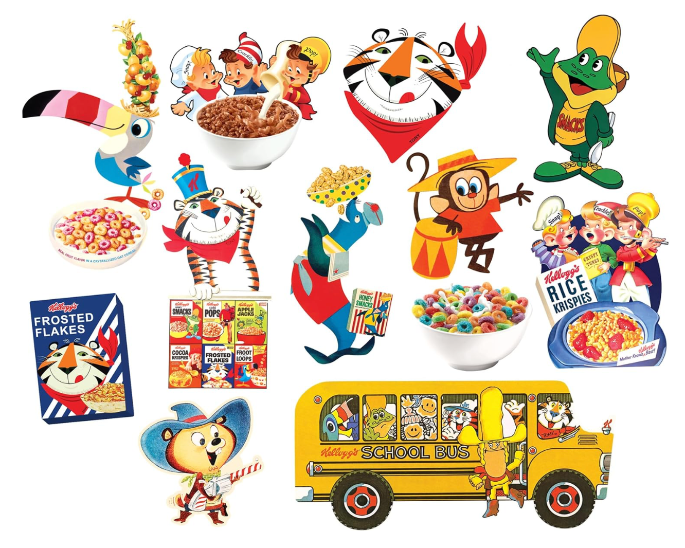 Collection of colorful cereal characters and packaging on a white background