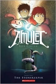 Book cover of 'Amulet' with two characters and a door illustration.