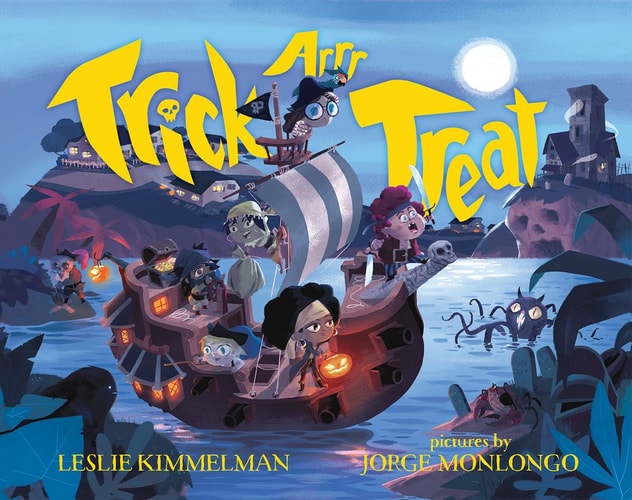 Book cover of 'Trick or Treat' with a pirate ship and Halloween-themed characters.