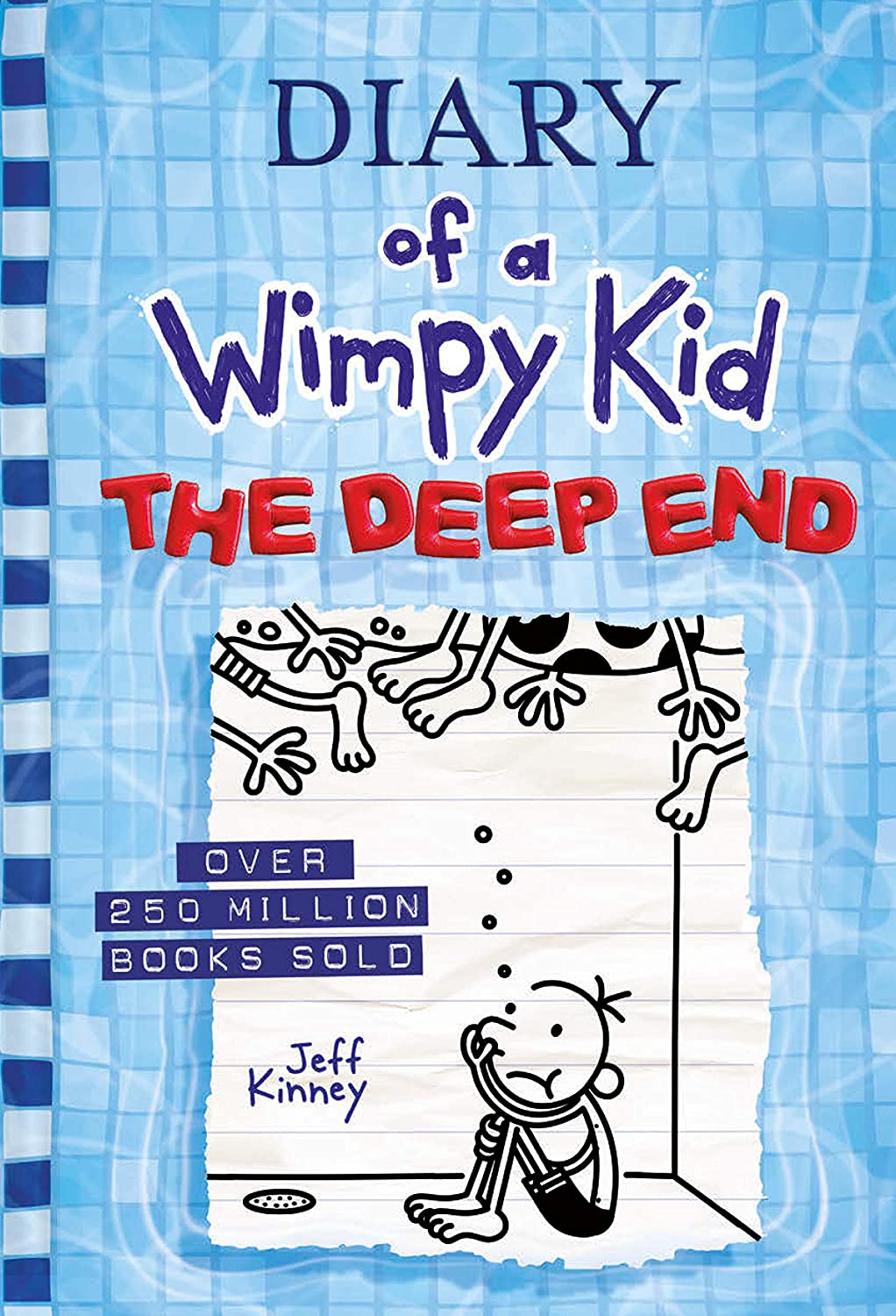 Cover of Diary of a Wimpy Kid: The Deep End by Jeff Kinney, featuring Greg Heffley submerged in water with floating objects around him