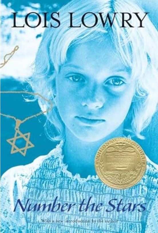 Cover of Number the Stars by Lois Lowry featuring a young girl with a star of David necklace and a World War II backdrop.