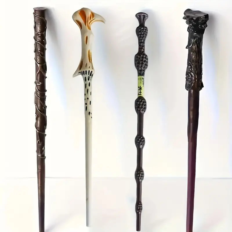 Wooden magic wand toy with intricate carvings, designed for imaginative play and magical adventures.