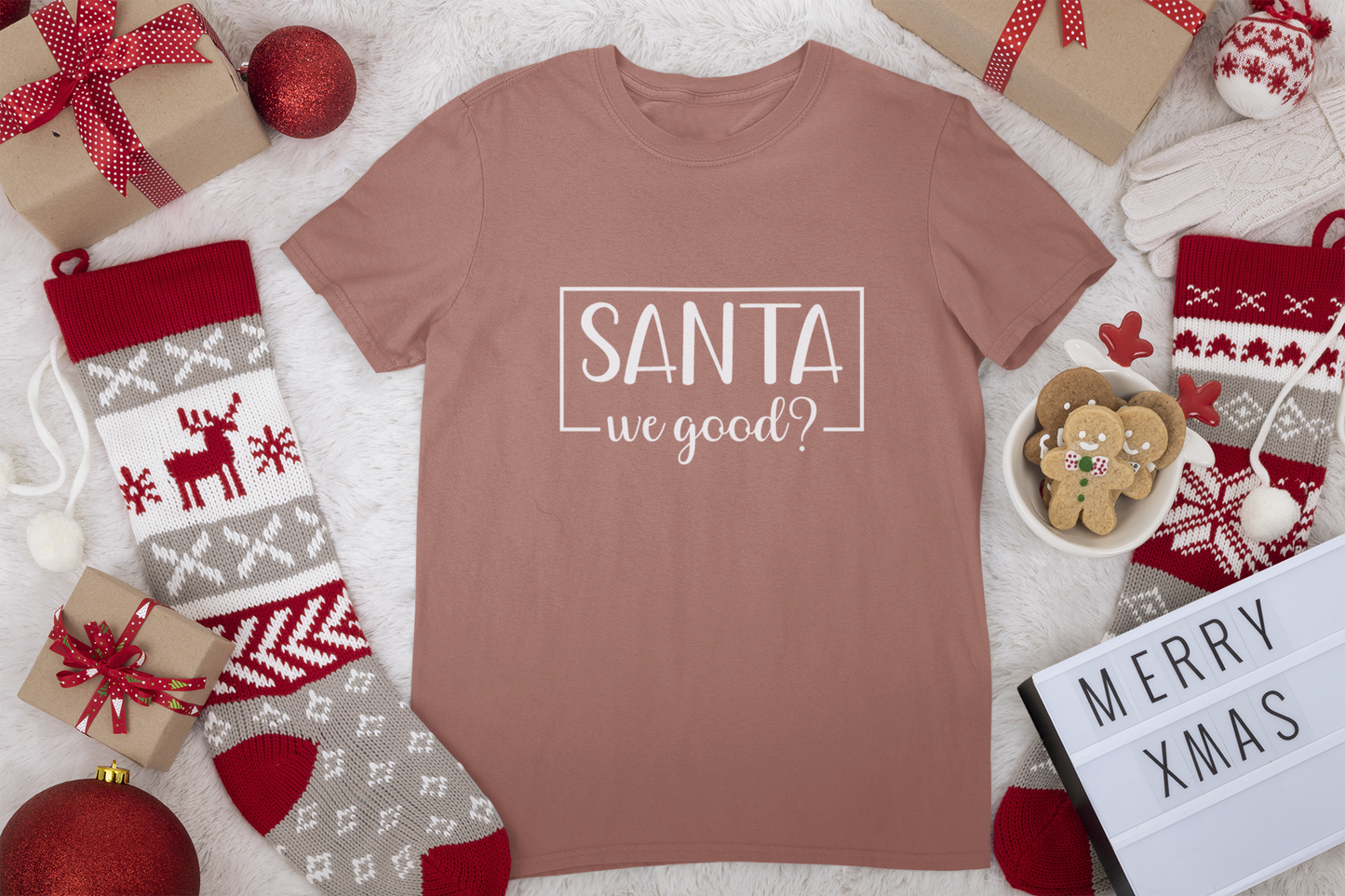 Children’s Christmas shirt with the phrase Santa We Good? printed on the front, holiday-themed kids apparel