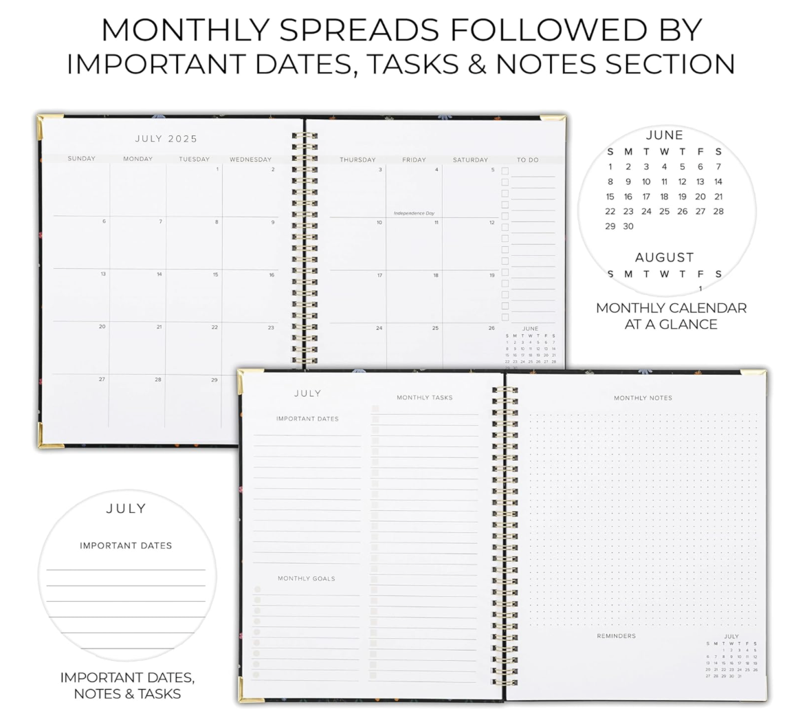 Spiral-bound planner with monthly spreads, important dates, tasks, and notes section.