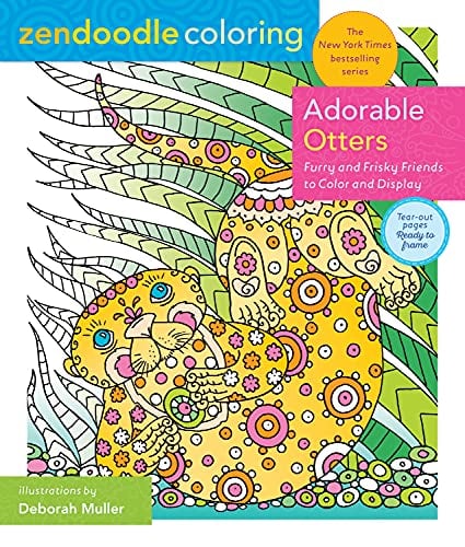 Cover of 'Adorable Otters: Furry and Frisky Friends to Color and Display' featuring playful otters in various whimsical scenes, ready to be colored.