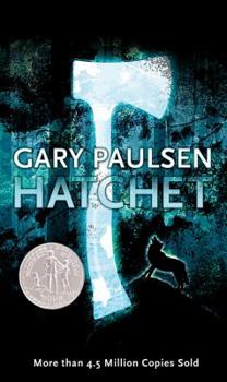 Cover of Hatchet by Gary Paulsen featuring a wilderness scene with a boy and a hatchet.