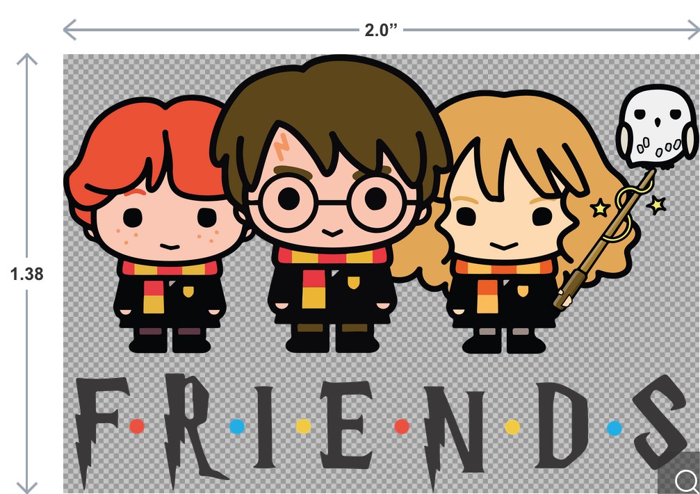 Cartoon characters resembling Harry Potter, Ron Weasley, and Hermione Granger with 'FRIENDS' text and measurements.