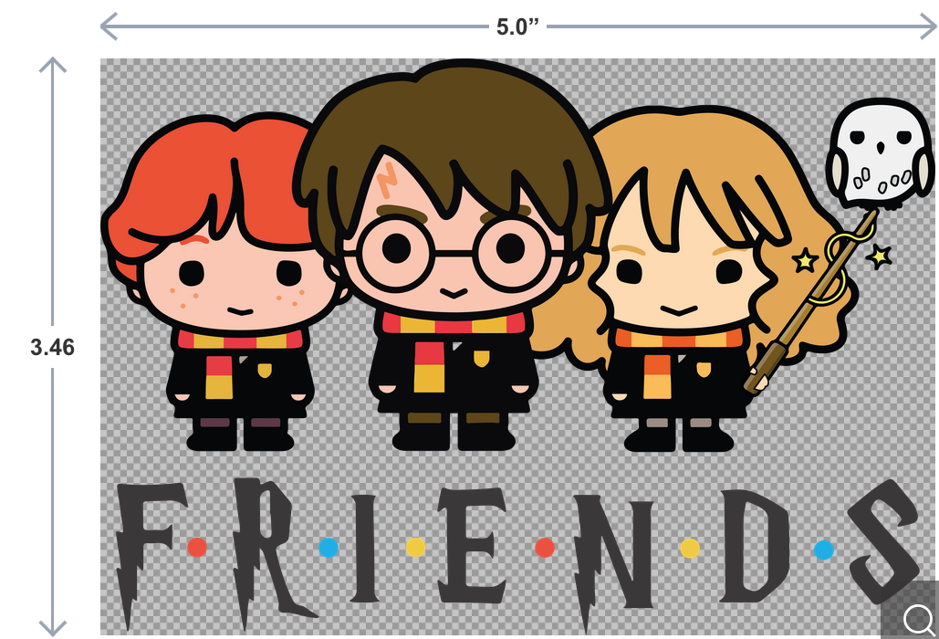 Cartoon characters resembling Harry Potter, Ron Weasley, and Hermione Granger with 'FRIENDS' text and measurements.