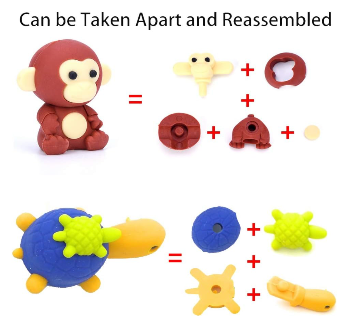 Colorful assortment of individually sold puzzle erasers shaped like animals, food, and vehicles