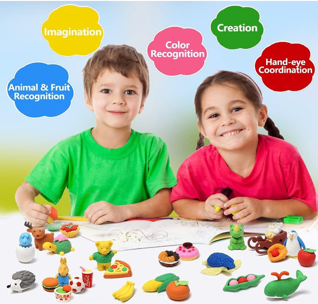 Colorful assortment of individually sold puzzle erasers shaped like animals, food, and vehicles