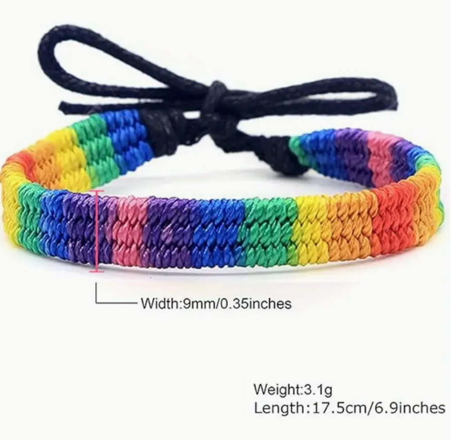 Woven rainbow polyester bracelet with adjustable ends, representing LGBTQ+ Pride