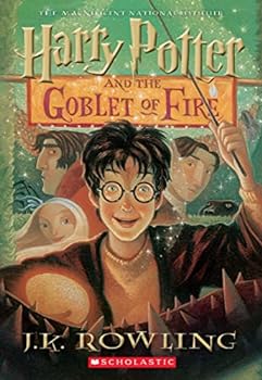 Front cover of Harry Potter and the Goblet of Fire by J.K. Rowling, featuring a fiery goblet and an illustration of Harry with a dragon in the background.