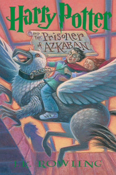 Front cover of Harry Potter and the Prisoner of Azkaban by J.K. Rowling, featuring Harry riding Buckbeak in front of a full moon.