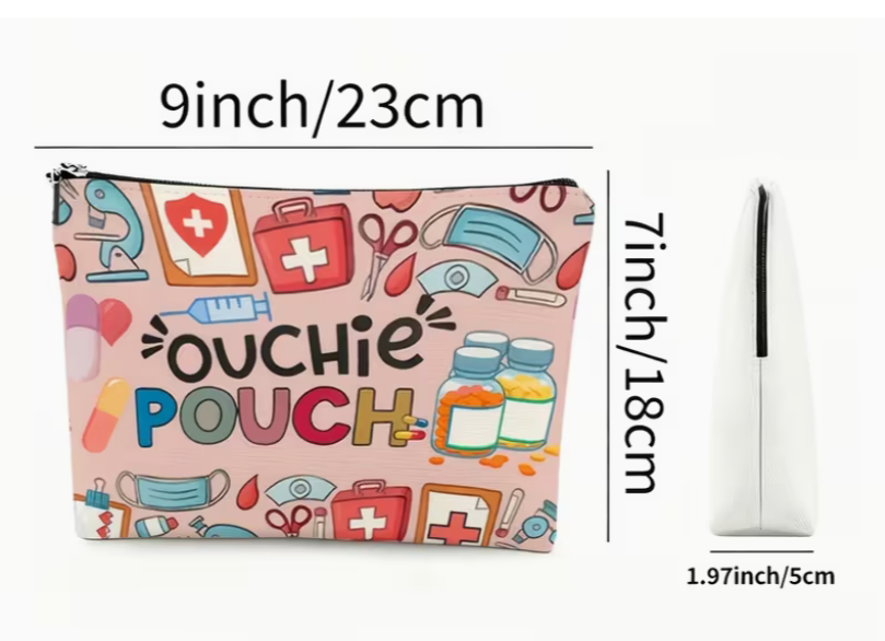 pink medical-themed zipper pouch with Ouchie Pouch text and colorful healthcare supply illustrations including bandages, masks, pills, and first aid items
