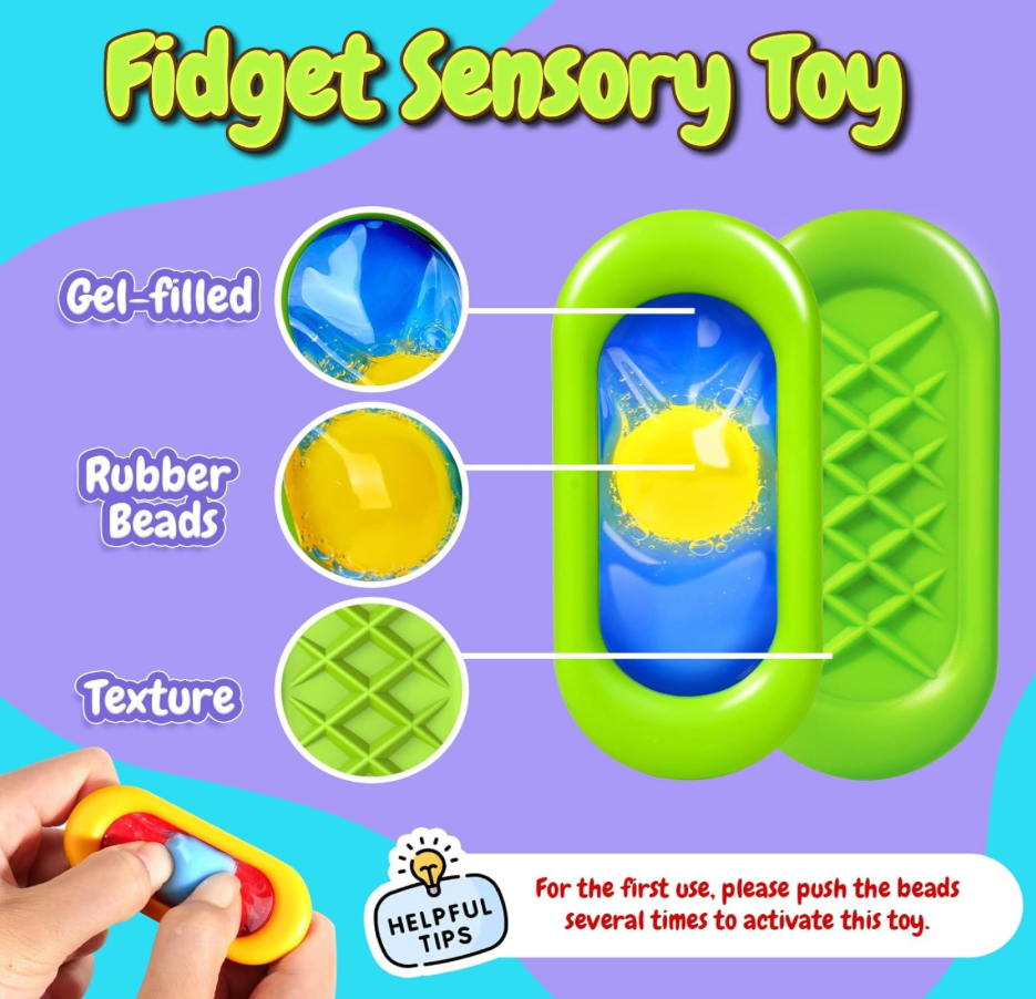 Fidget sensory toy with gel-filled, rubber beads, and texture features on a colorful background.
