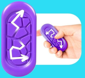 Purple sensory toy with stone-like texture and arrows on a blue background