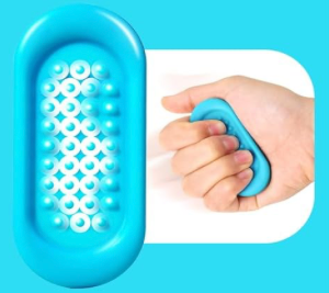 Blue sensory toy with a hand holding it against a blue background