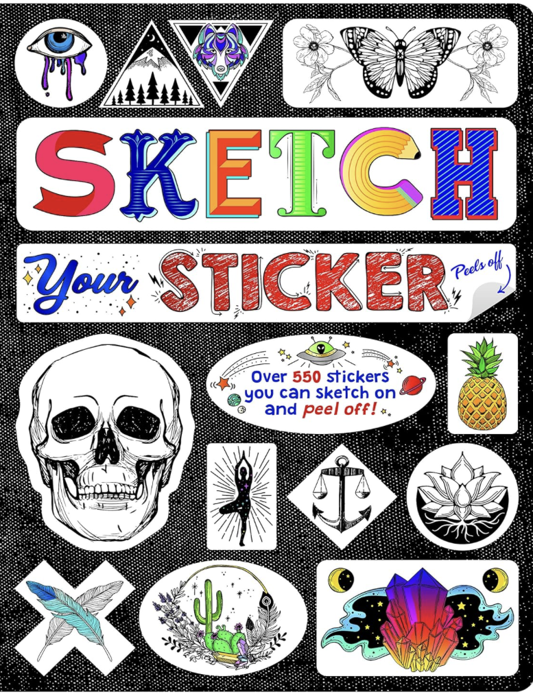 Sticker book with various designs and text on a black background