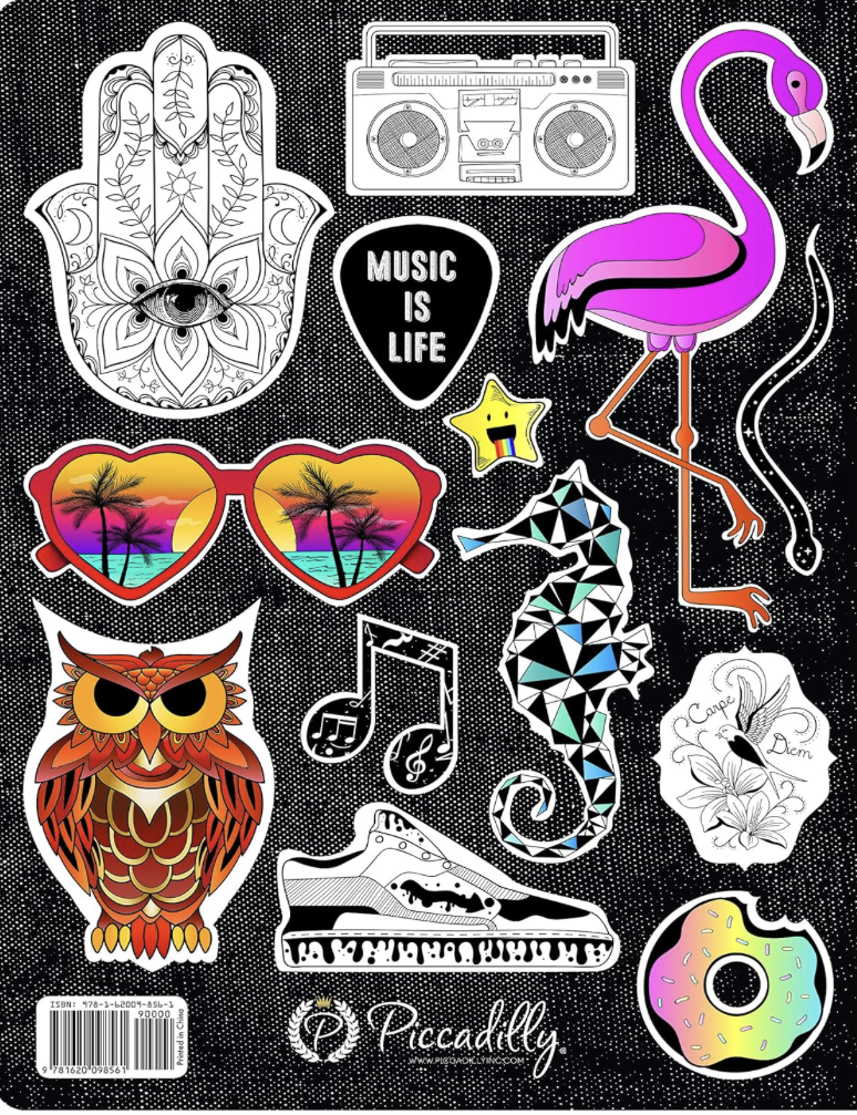 Collection of various stickers including a hamsa hand, boombox, flamingo, owl, and more on a black background.