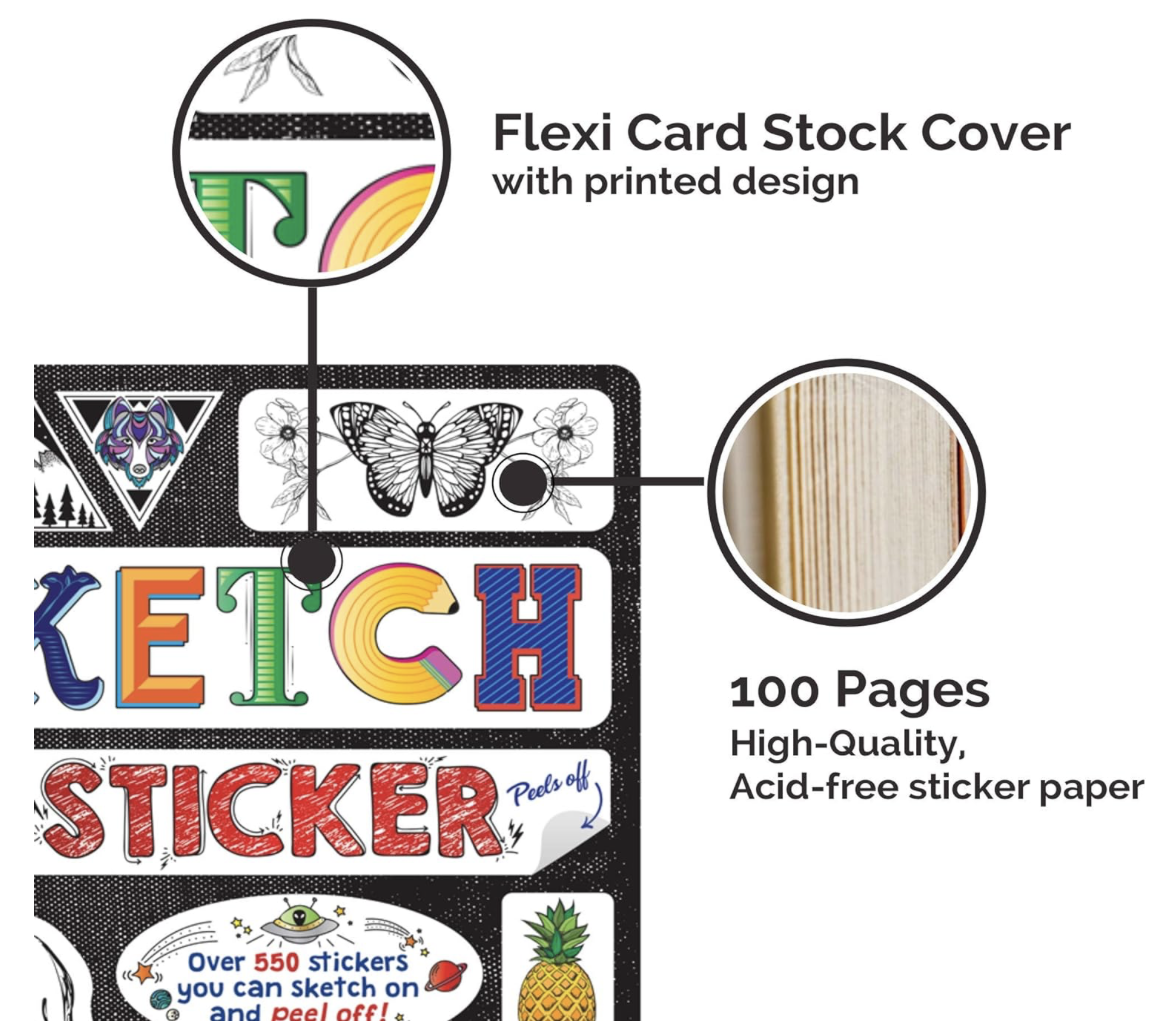 Flexi card stock cover with printed design and sticker paper details on a white background