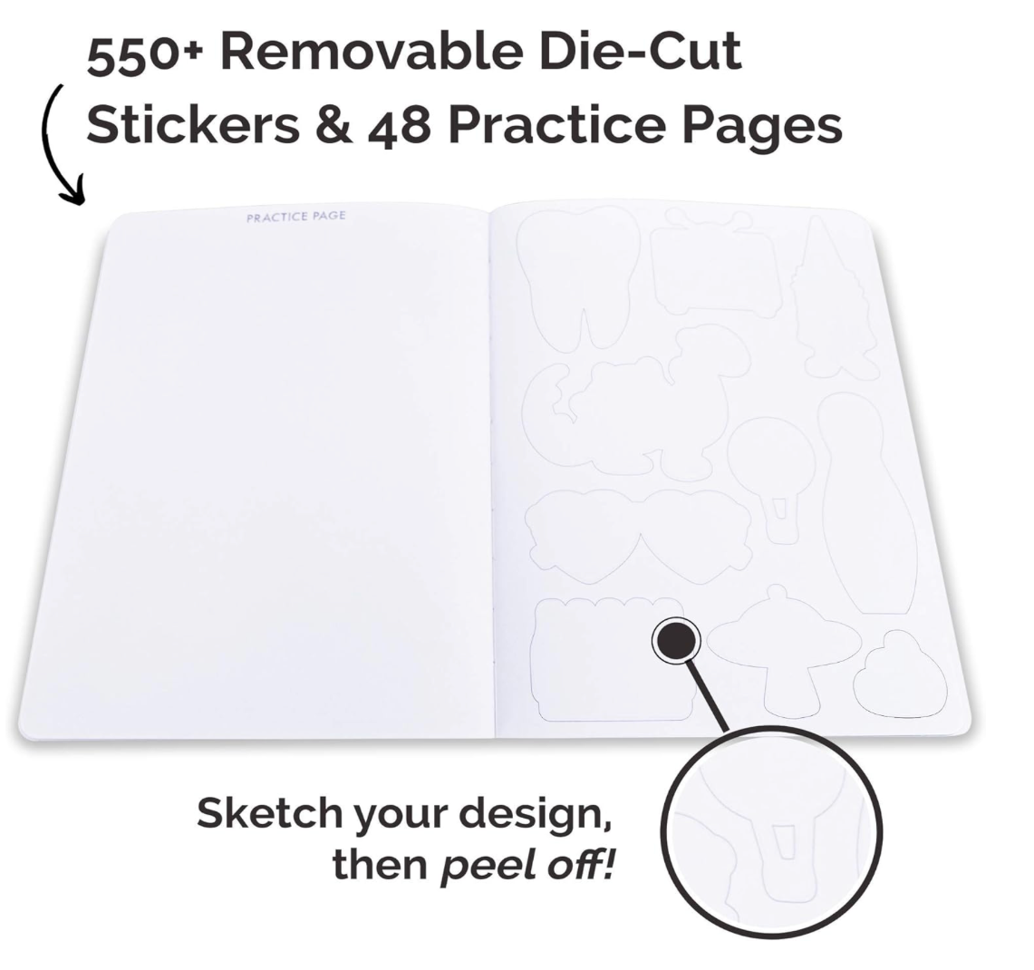 Sheet of paper with removable die-cut stickers and practice pages, featuring text on a white background.