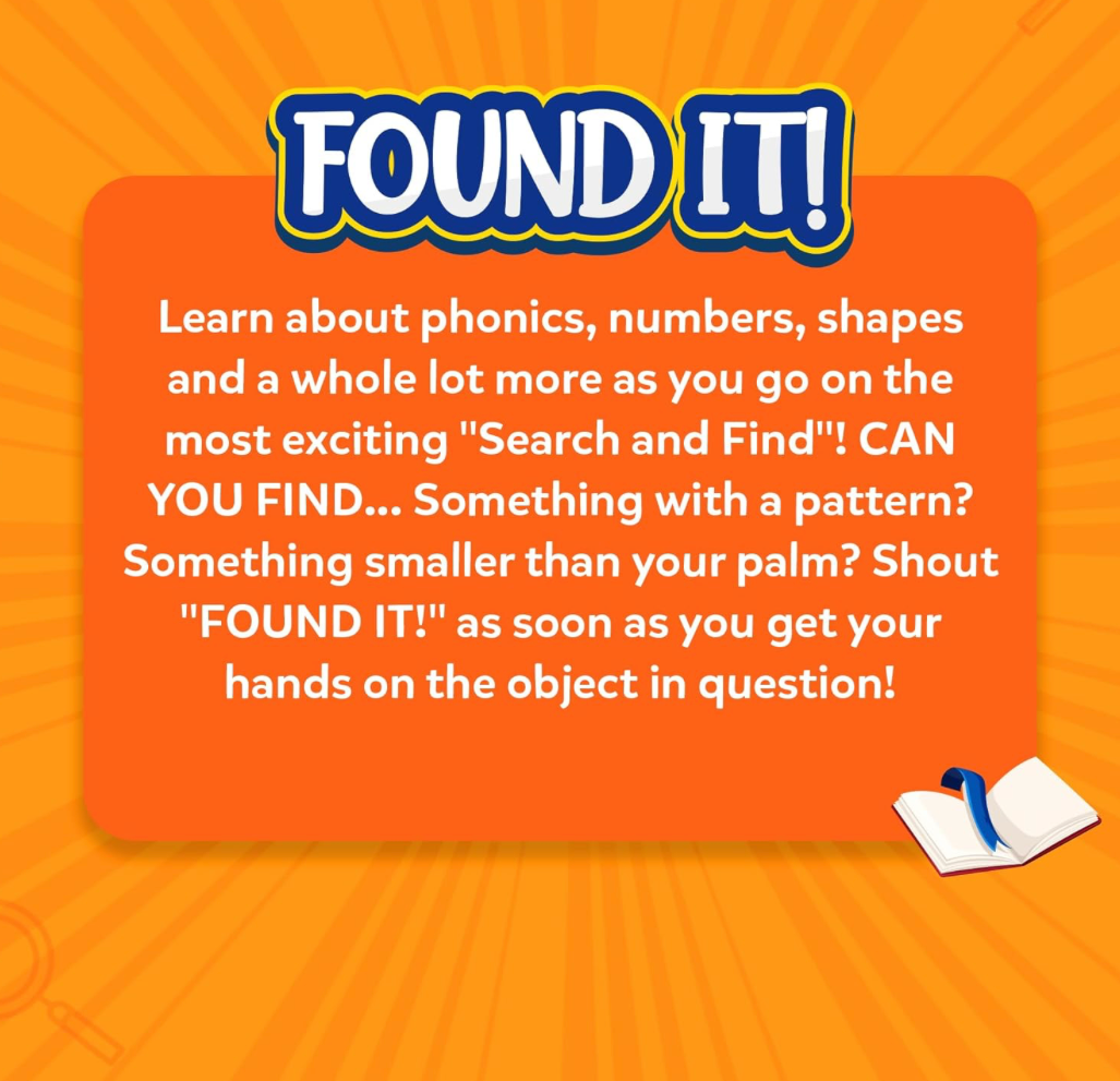 Promotional text for a 'Search and Find' activity on an orange background with a blue border.