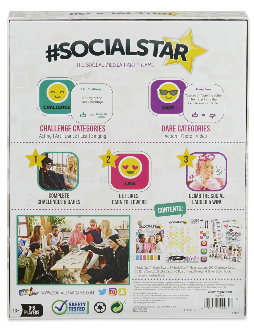 Box of Social Star game showing categories and activities on a white background