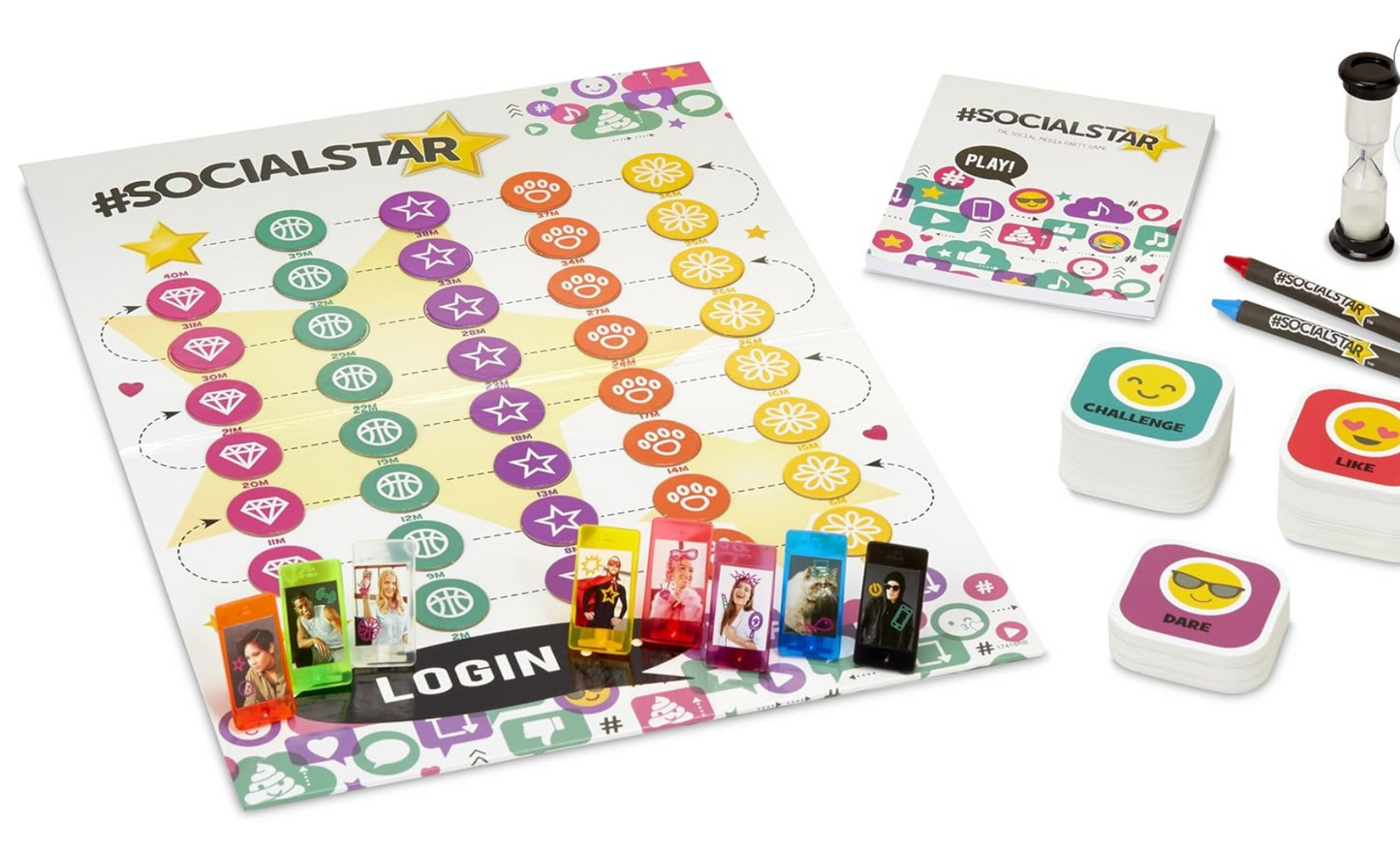 Board game set with colorful components on a white background