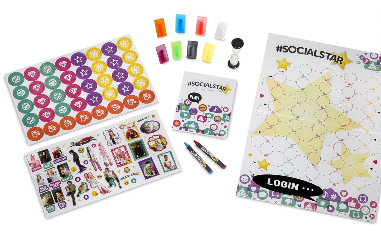 Collection of children's activities kits including stickers, markers, and a star chart on a white background.