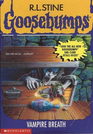 Goosebumps book cover titled 'Vampire Breath' with a spooky illustration of a creature emerging from a coffin.
