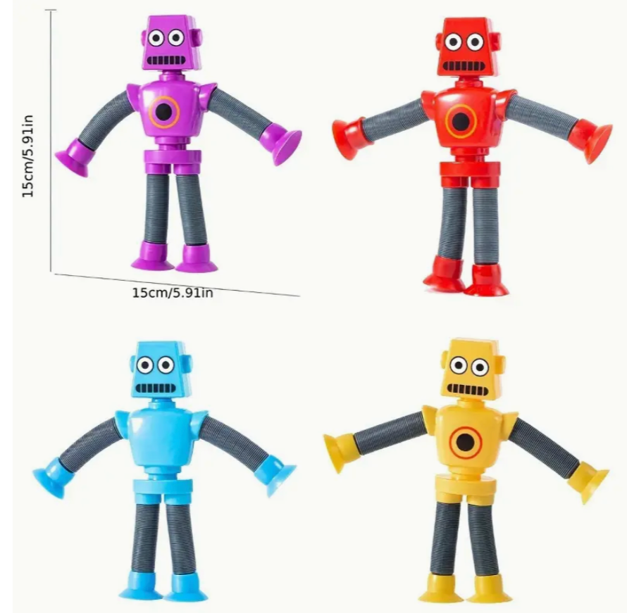 Four colorful robot toys with measurements on a white background