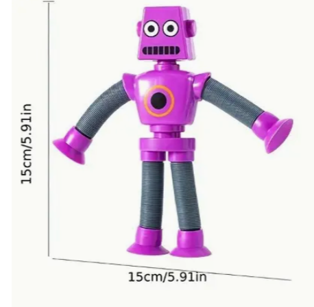 Purple robot toy with measurement details on a white background