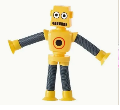 Yellow robot toy with a white background