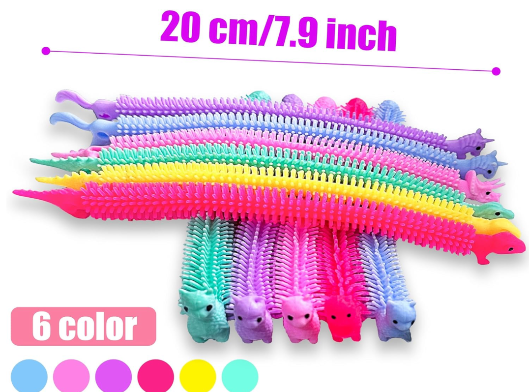 Colorful alpaca-shaped stretchy fidget toys in assorted colors and textures, shown coiled and stretched
