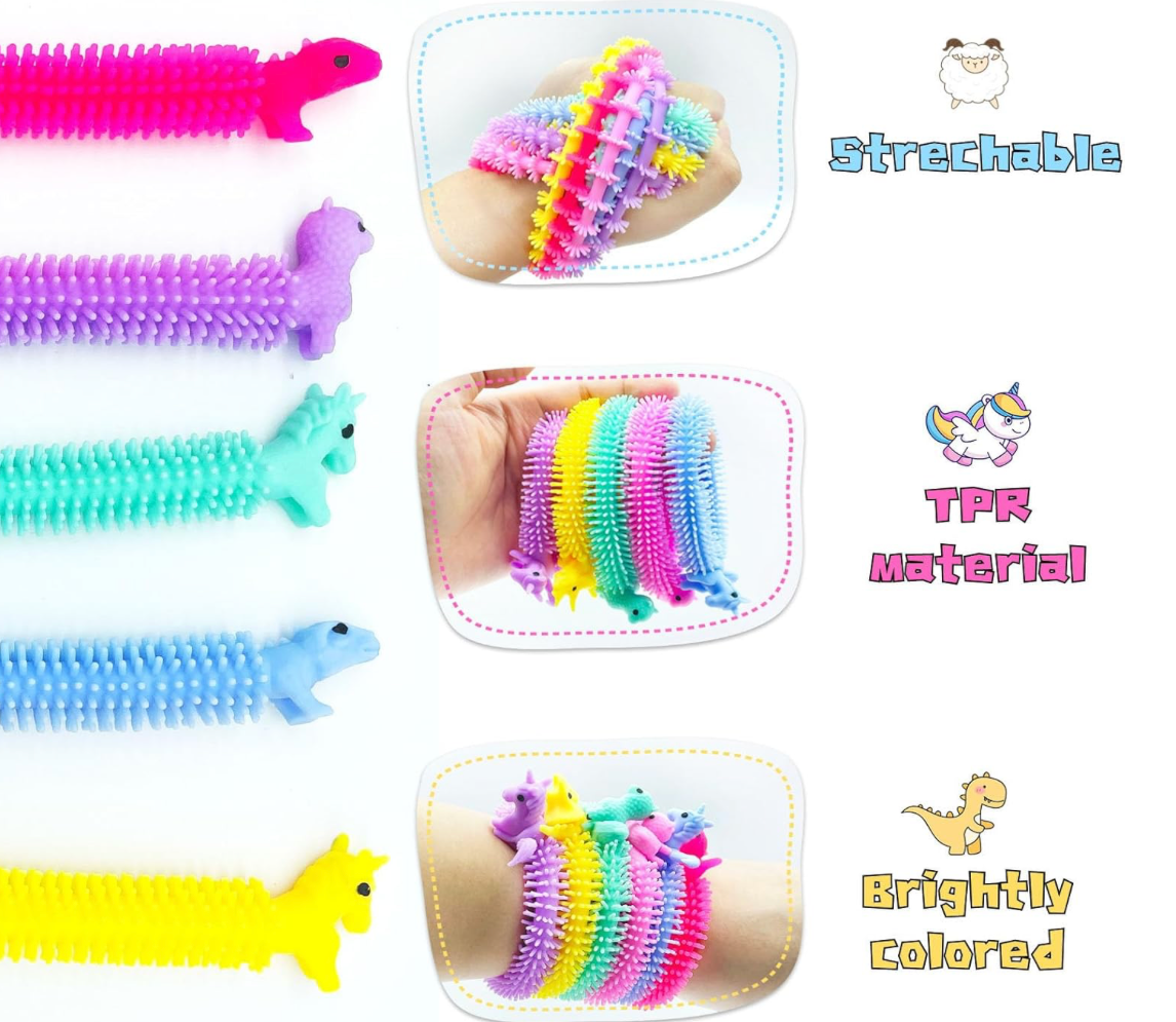 Colorful alpaca-shaped stretchy fidget toys in assorted colors and textures, shown coiled and stretched