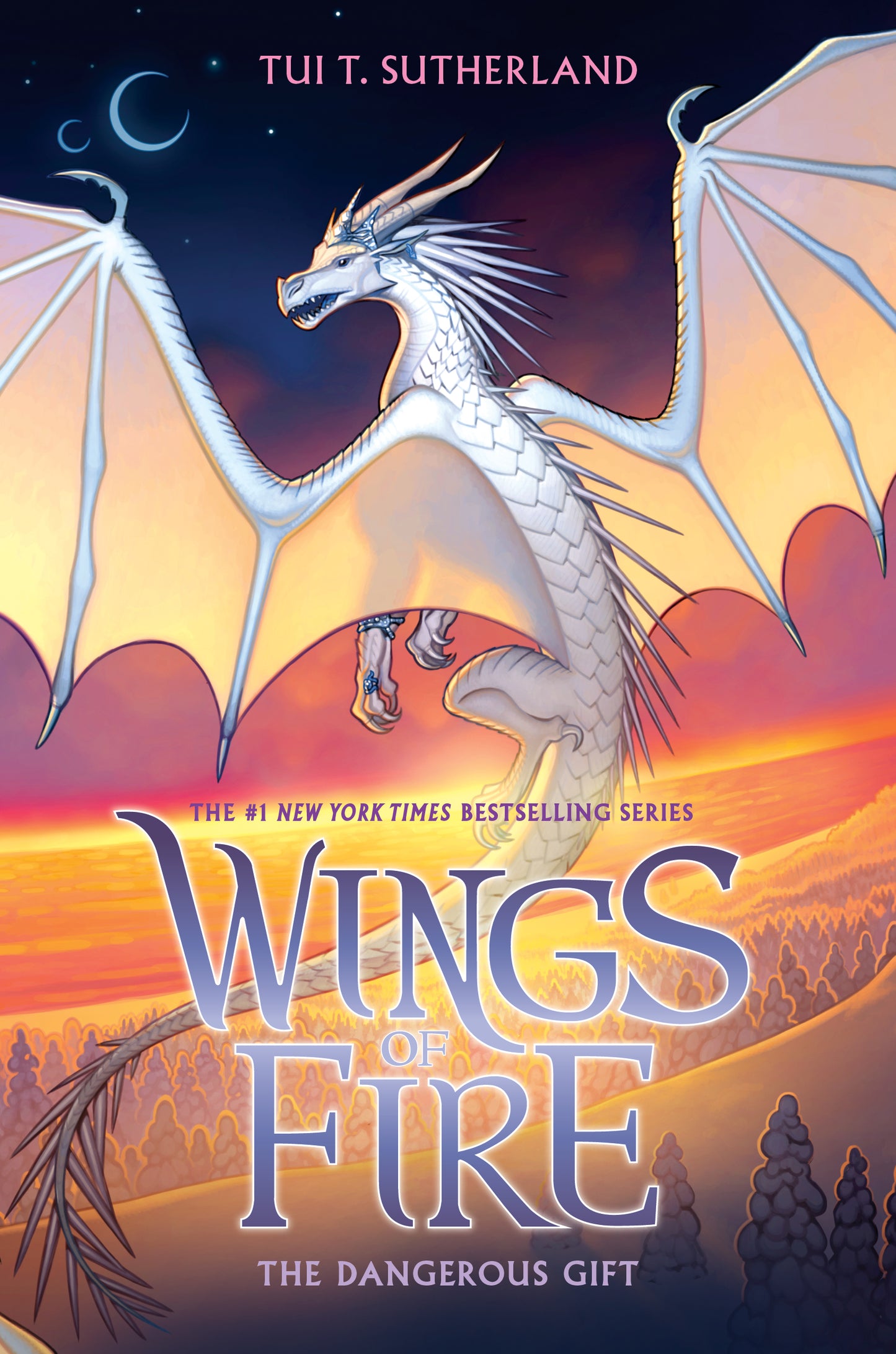 Cover of The Dangerous Gift by Tui T. Sutherland, featuring Queen Snowfall, a white IceWing dragon, poised against a backdrop of icy mountains under a twilight sky.