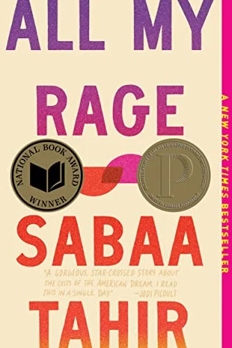 Front cover of All My Rage by Sabaa Tahir, featuring a vibrant desert-themed illustration with the title and author’s name in bold font, book lying flat on a white background.