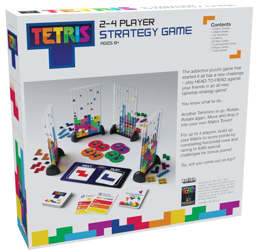 Tetris strategy game packaging with colorful pieces and text on a white background