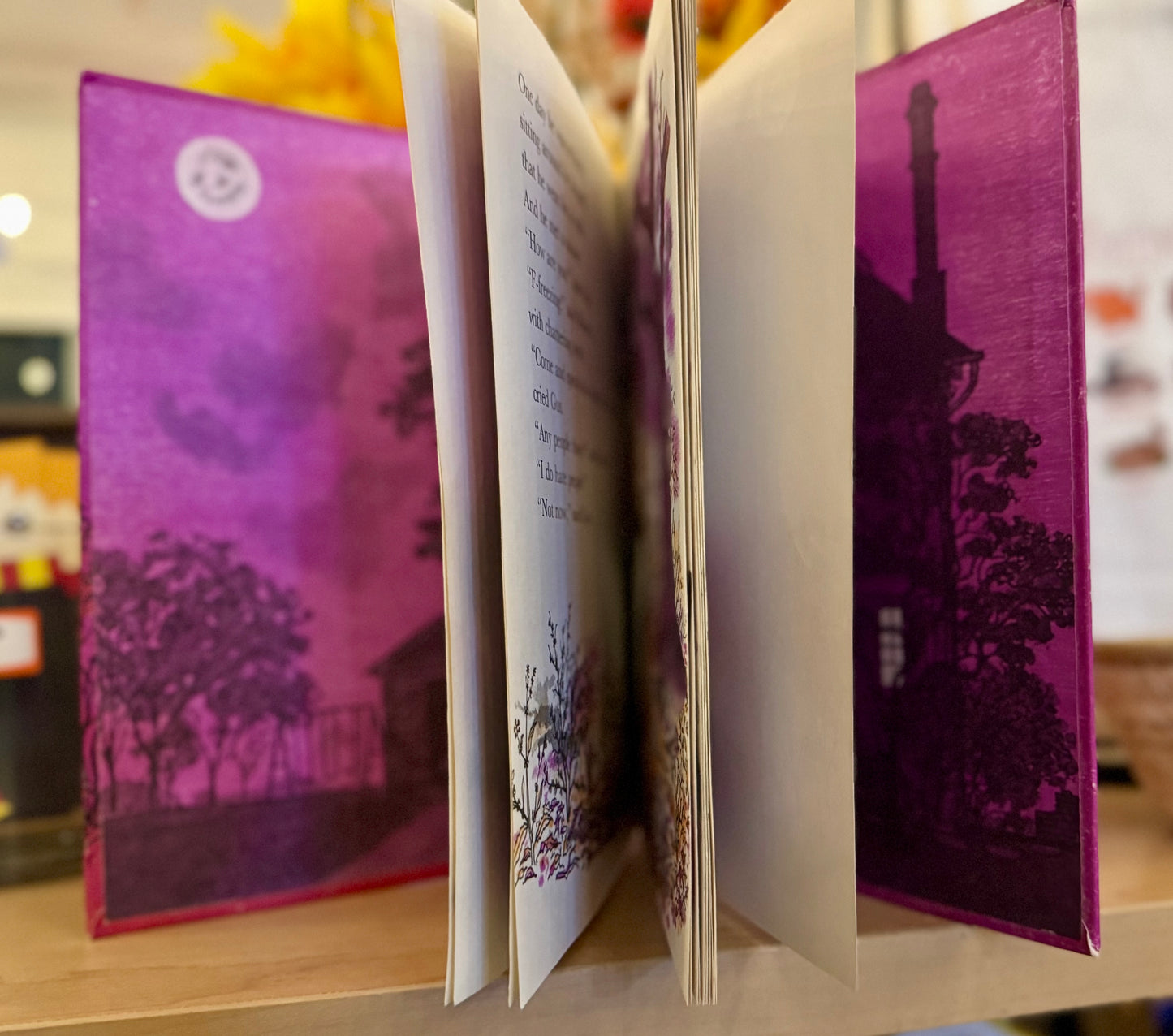 Open book with purple illustrations on a shelf