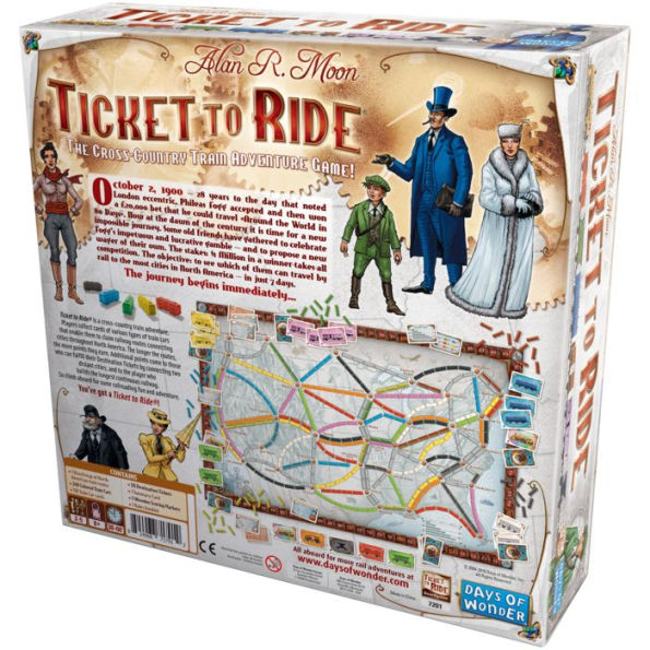 Board game box for 'Ticket to Ride' with illustrations of characters and a map.